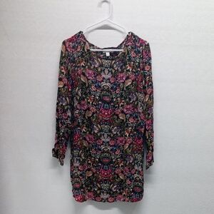J. Jill Dark Green With Multicolor Floral Long Sleeve Blouse